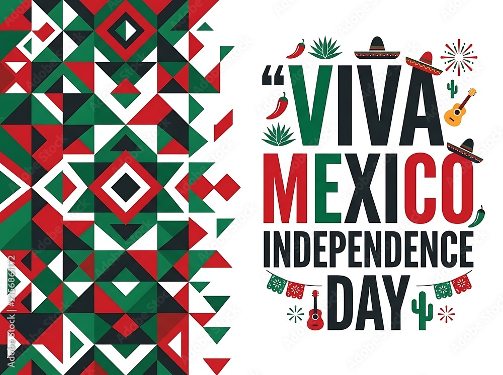 Obraz premium Viva mexico independence day celebration poster with geometric pattern and traditional mexican symbols like sombreros, guitars, and chili peppers