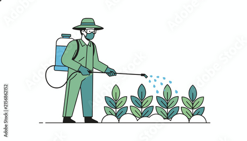 Professional farmer wearing protective gear and mask while spraying liquid fertilizer or pesticide on green crops in field.