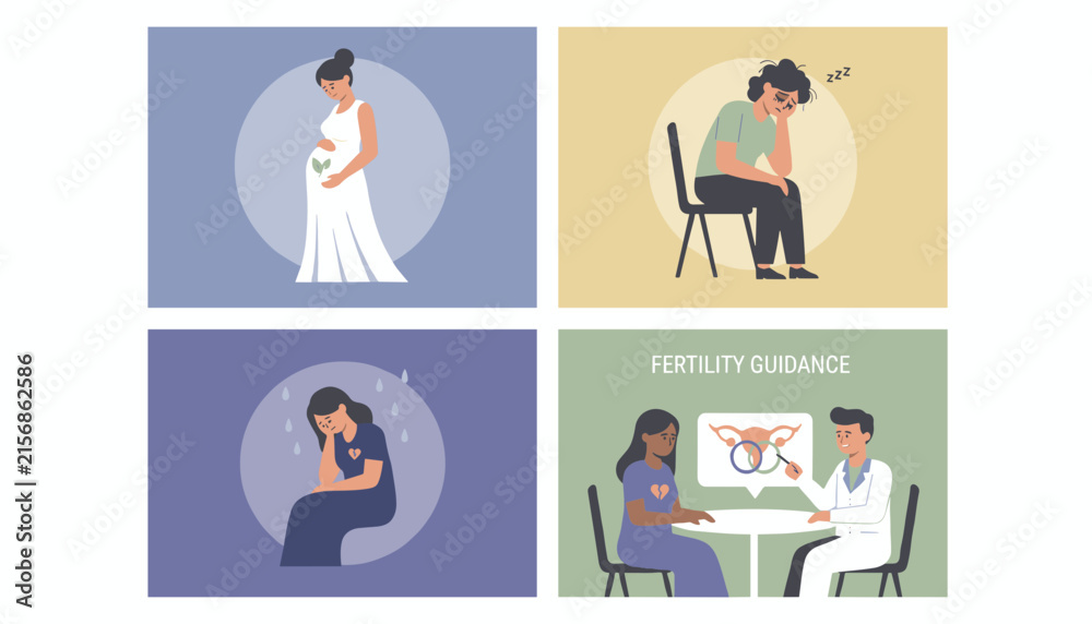 Fototapeta premium Informative four panel vector illustration showing pregnancy stages, maternal depression, and professional fertility guidance.