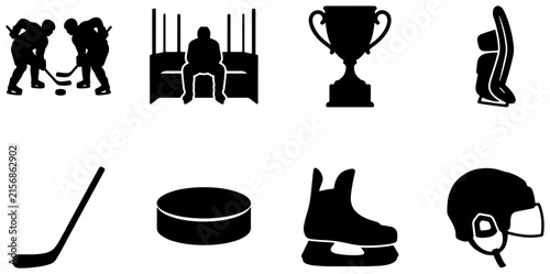 Photography Ice Hockey Icons Set: Players, Puck, Skates, Trophy, Equipment, and Bench for Sp