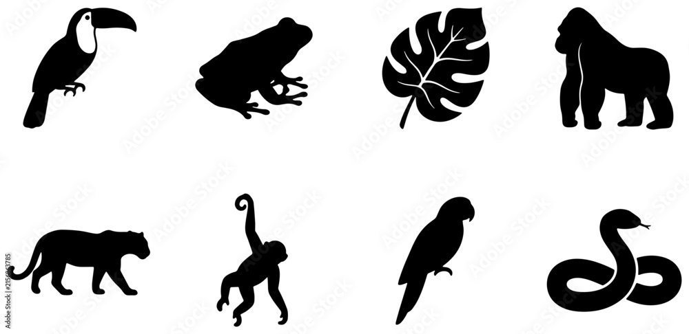 Naklejka premium Jungle Animals Vector Icons Set, Tropical Wildlife Silhouettes Collection, Exotic Creatures and Plant Leaf Graphics, Nature and Safari Themed Design Elements