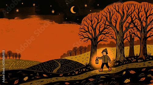 Autumn night illustration of a child walking with a glowing lantern through bare trees under a starry moonlit sky with copy space