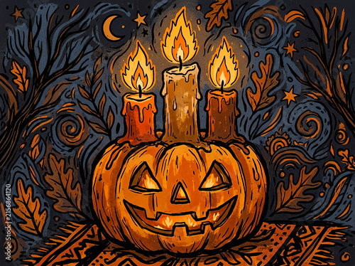 Halloween jack o lantern pumpkin with glowing candles on top in folk art line style against starry autumn night background
