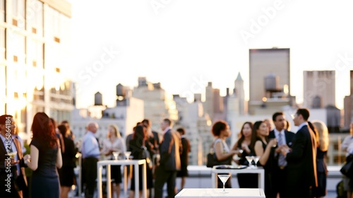 Business professionals socializing at a rooftop cocktail reception overlooking the city at sunset, representing corporate networking, events and professional community