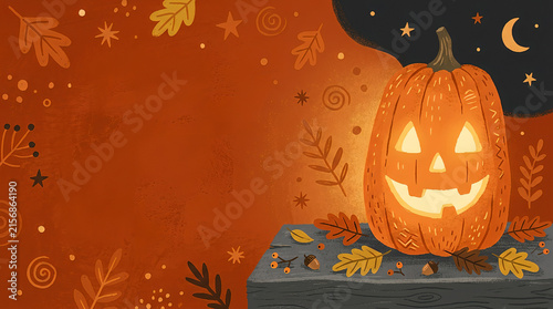 Glowing carved Halloween pumpkin on wooden table with autumn leaves, stars, and crescent moon, featured on an orange copy space background