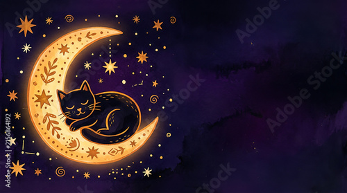 Cute black cat sleeping on a glowing crescent moon surrounded by stars with copy space on dark purple watercolor background for Halloween