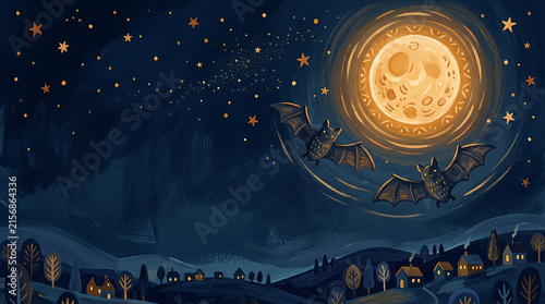 Magical Halloween night sky illustration with bats flying in front of full moon over village
