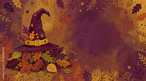 Purple witch hat resting on a pile of colorful autumn leaves with copy space on warm textured watercolor background for Halloween banner