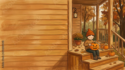 Cute child carving jack o lantern pumpkin on rustic wooden house steps in autumn forest setting with generous text copy space background