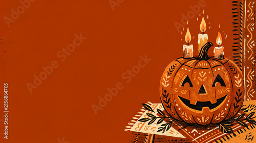 Halloween pumpkin with burning candles on top and copy space for text