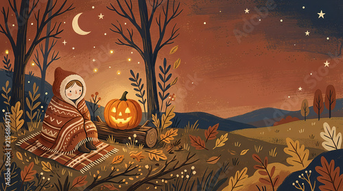 Halloween illustration of child wrapped in blanket sitting near glowing jack o lantern pumpkin under starlit night sky with copy space