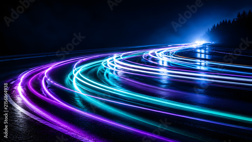 Captivating long exposure photograph of vibrant car light trails in an urban setting, symbolizing speed and modern city life, glowing traffic, dynamic motion and illuminated streets