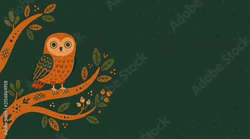 Cute folk art owl sitting on a tree branch with decorative leaves and copy space on a dark green textured background
