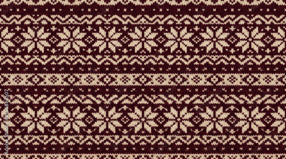 Seamless traditional Nordic knit pattern. Festive winter holiday design with snowflakes and geometric shapes in brown and beige.
