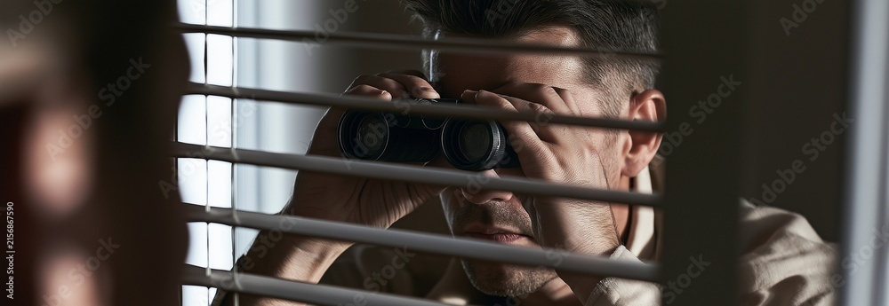 Fototapeta premium A man using binoculars to watch thru window blinds