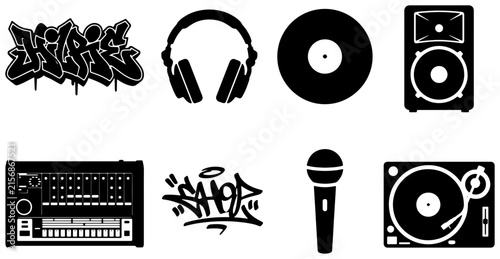 Hip Hop Culture Icons Set: Graffiti Art, DJ Turntable, Microphone, Headphones, Vinyl Record, Speaker, Drum Machine, Vector Graphics