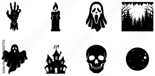 Halloween Icons Set, Spooky Vector Graphics Collection: Ghost, Skull, Haunted House, Candle, Forest, Scream Mask, Zombie Hand, Moon