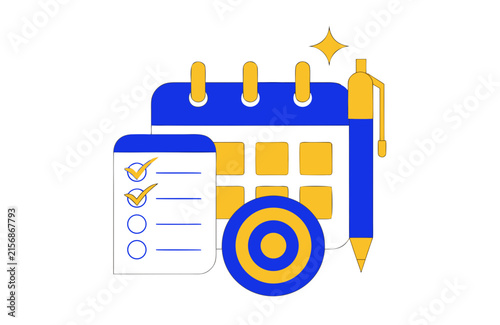Calendar with Checklist and Pen for Goal Setting and New Year Resolutions. Productivity and Planning Concept Vector Illu