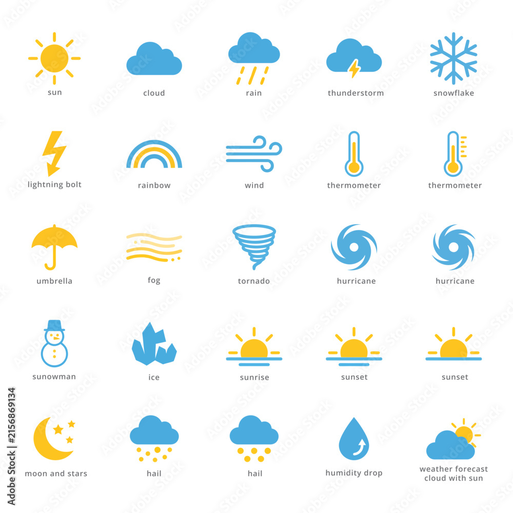 Fototapeta premium Weather Climate Flat Icon Collection - 20 Vector Forecast Sun Rain Cloud Icons Set