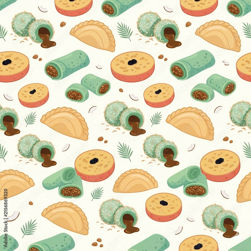 Traditional indonesian snacks jajanan pasar seamless repeatable pattern vector illustration for packaging background