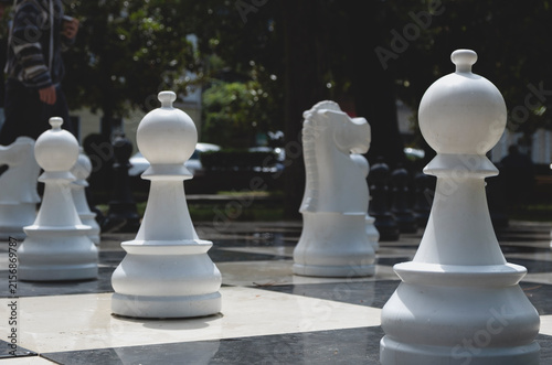 Obraz na płótnie Big outdoor chess pieces on a public chessboard in a park