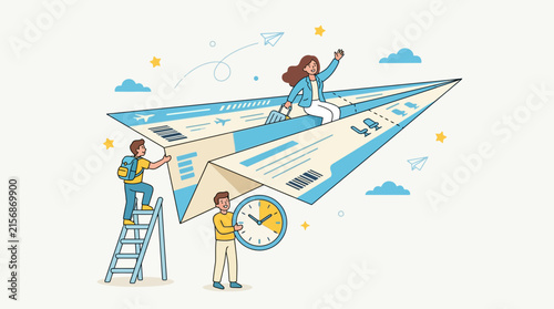 Woman Sitting on Paper Airplane Ticket with Suitcase Vector Illustration