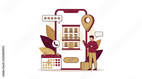 Man Booking Hotel on Smartphone with Star Rating Vector Illustration