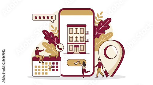 Travelers Confirming Hotel Reservation on Smartphone Vector Illustration