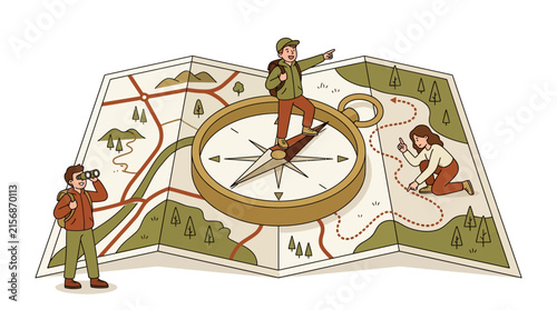 Hiker Standing on Giant Compass Pointing Direction Vector Illustration