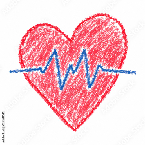 Red Heart with Blue Heartbeat Lifeline Crayon Scribble Illustration PNG Isolated on White Background