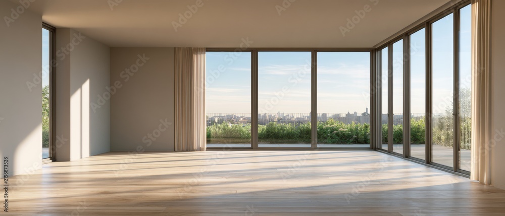 Naklejka premium Empty modern apartment interior with floor to ceiling windows and panoramic city view