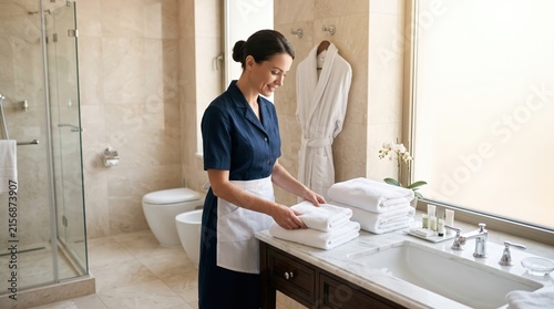 Woman in Uniform Organizing Fresh Towels in a Modern Hotel Bathroom Setting