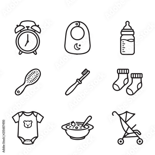Collection of baby care icons and daily essentials with essentials, clothing