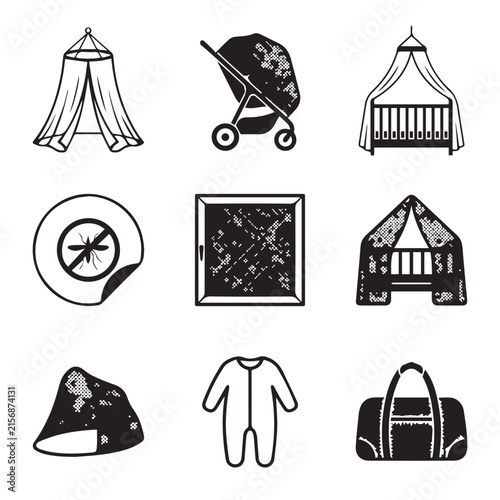 Baby bedroom and travel equipment protection icons with protection, mosquito