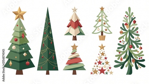 Modern Christmas tree collection featuring six unique geometric, Scandinavian, paper, star, branch, and layered tree designs. Clean editable vector elements for holiday cards, branding, packaging.