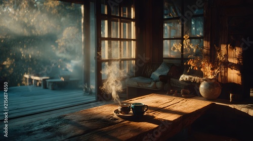 Steaming Cup of Coffee on Wooden Kitchen Table in Morning Light