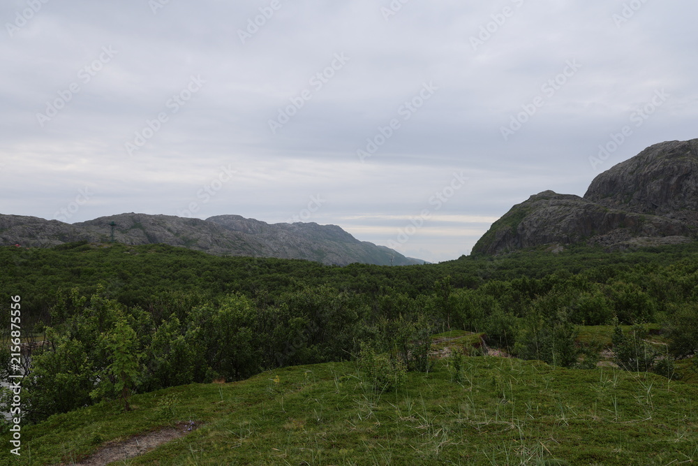 Fototapeta premium Mountain landscape showing Norwegian and Russian wilderness separated by the Jakobselv River near the border.