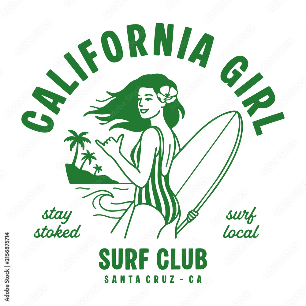 Fototapeta premium California Surf Club Graphic Design with Surfer Girl Illustration