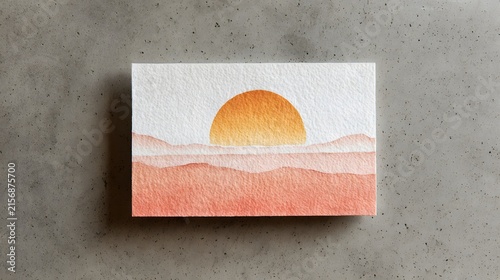 Hand Painted Minimalist Watercolor Sunset Card on Textured White Paper
