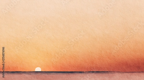 Minimalist Watercolor Sunset Over Calm Ocean with Soft Orange Sky