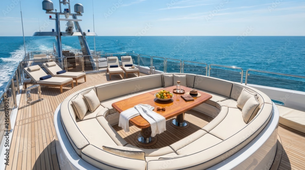 Fototapeta premium Luxury yacht deck with circular lounge seating and wooden dining table overlooking the blue ocean on a sunny summer day