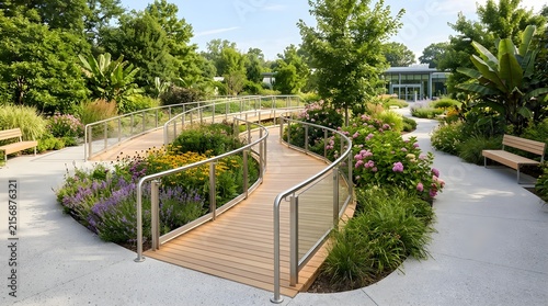 Wooden ramp leads through a lush garden toward a modern glass building.