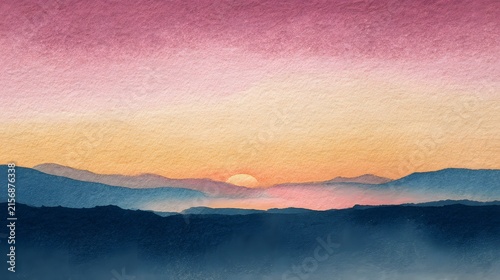 Minimalist Watercolor Sunset Over Calm Ocean with Soft Orange Sky