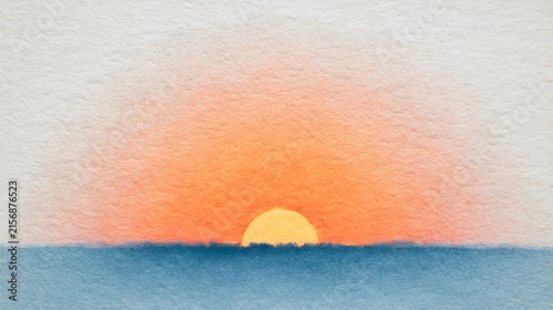 Minimalist Watercolor Sunset Over Calm Ocean with Soft Orange Sky