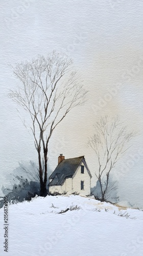 Minimalist Winter Landscape Watercolor Painting of a House and Trees