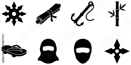 Fotografie Ninja Icons Set: Shuriken, Scroll, Grappling Hook, Bamboo, Geta Sandals, Masked
