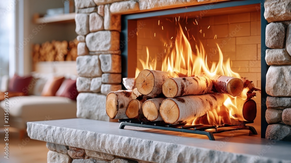 Fototapeta premium Cozy fireplace with burning birch logs and stone surround