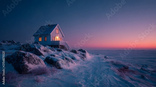 Cozy wooden cabin in a snowy winter landscape at sunset.