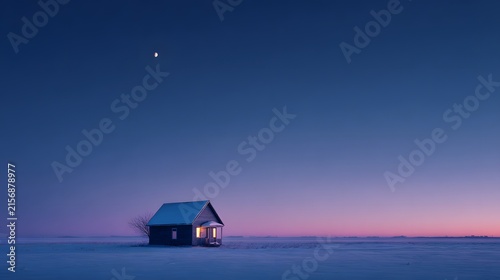Cozy wooden cabin in a snowy winter landscape at sunset.