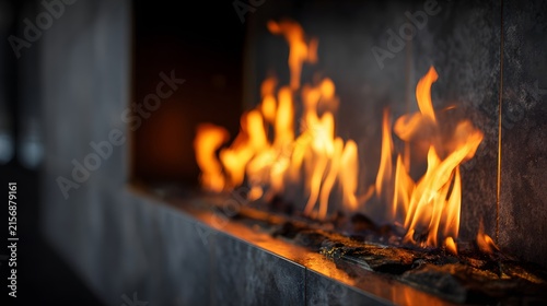 Modern luxury indoor fireplace with burning flames on black stones.